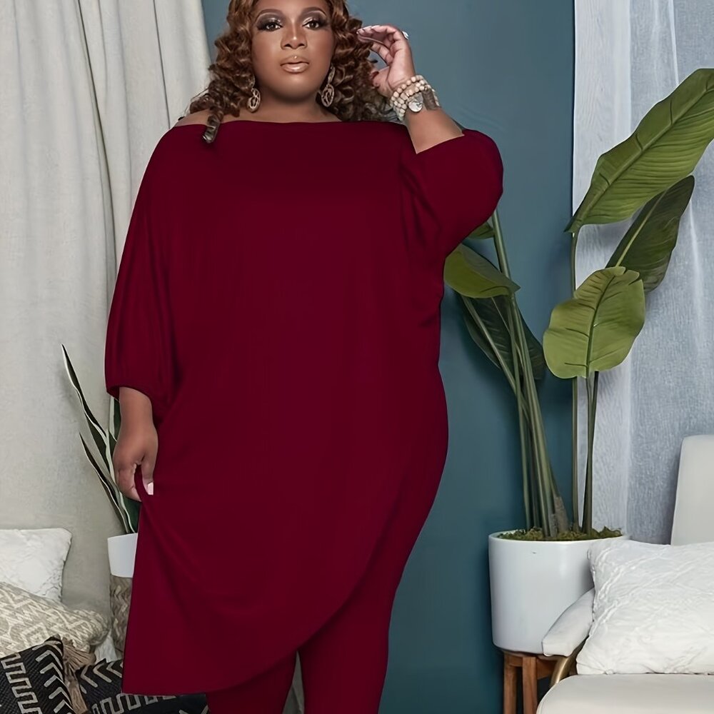 Plus Size Off-Shoulder 2PC Set | Asymmetrical Top + Stretch Pants (1X–5X) - Picture 2 of 3
